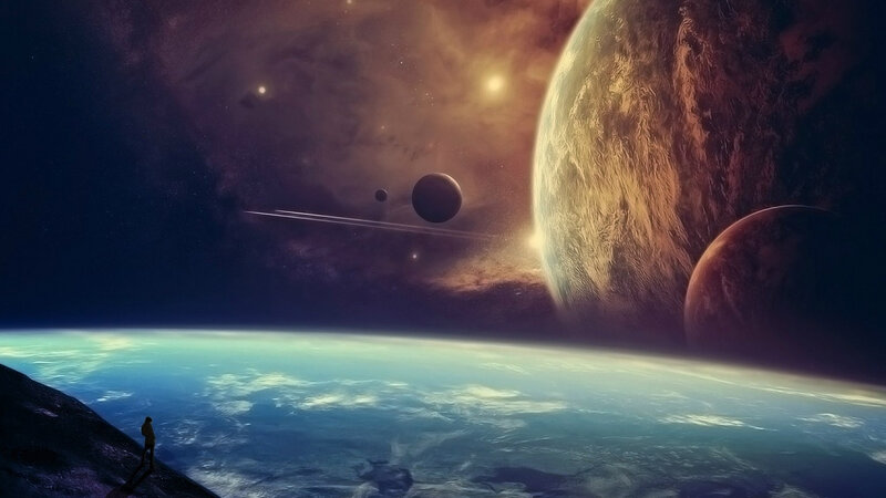Person on Alien Planet — Blue, Dramatic, Digital Art, Planets