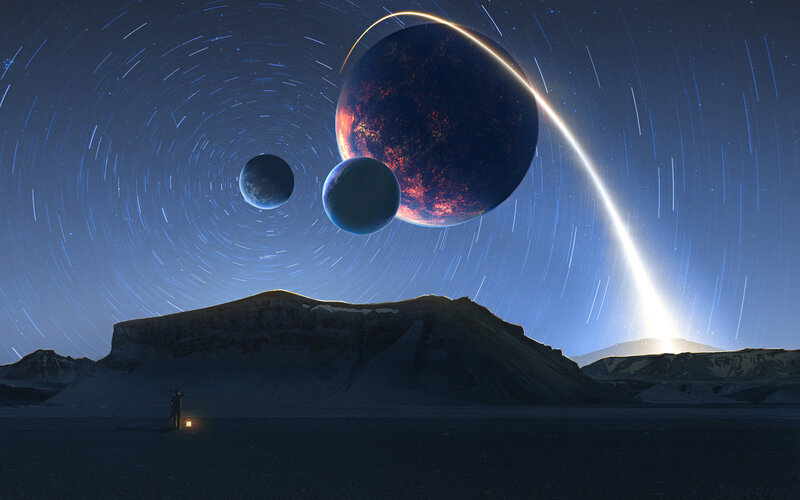 Person on Alien Planet — Blue, Dramatic, Night, Digital Art, Planets