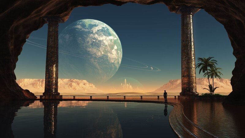 Person on Alien Planet — Blue, Serene, Sunset, Digital Art