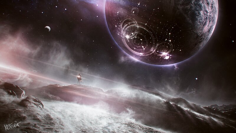 Person on Alien Planet — Purple, Dramatic, Night, Digital Art, Moon