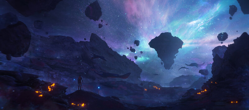 Person on Alien Planet — Purple, Dramatic, Night, Digital Art, Rocks