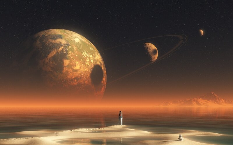 Person on Alien Shore — Orange, Serene, Night