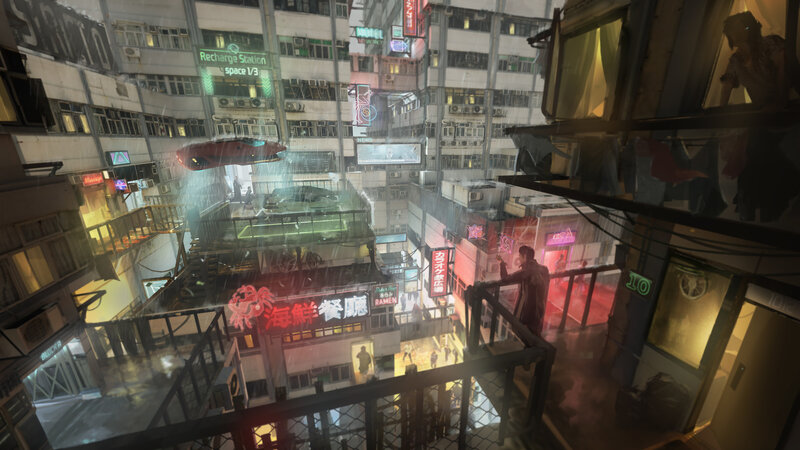 Person on Balcony at Night — Red, Dramatic