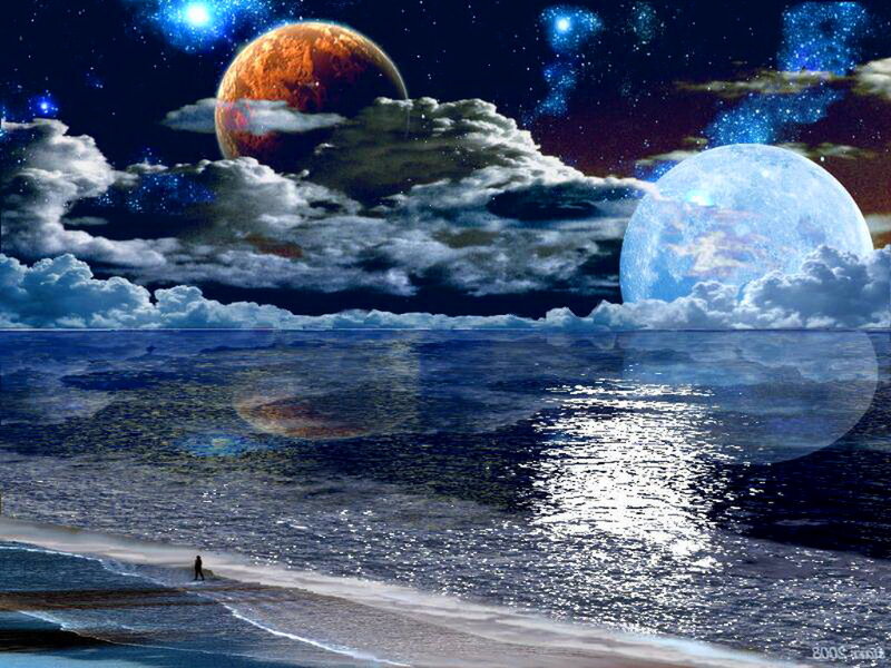 Person on Beach at Night — Blue, Dramatic, Digital Art, Planets