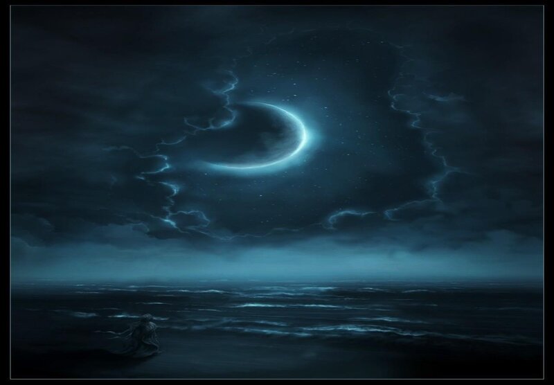 Person on Beach at Night — Blue, Dramatic
