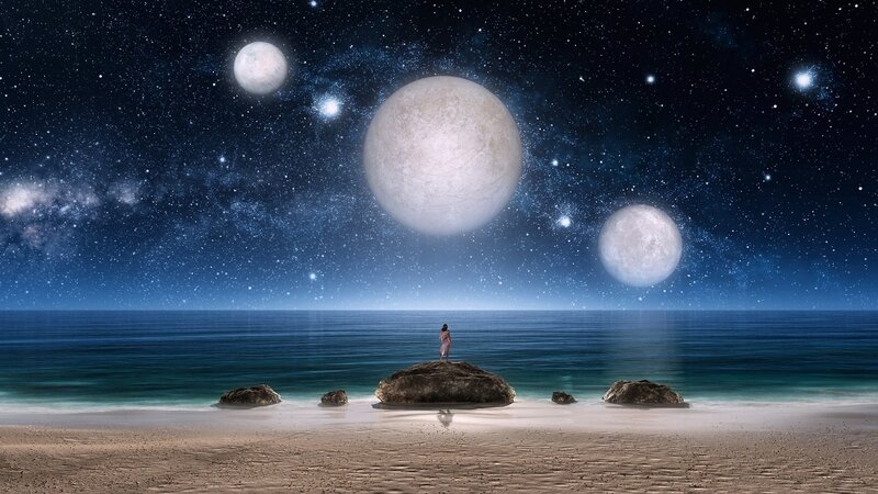 Person on Beach at Night — Blue, Serene, Digital Art, Stars