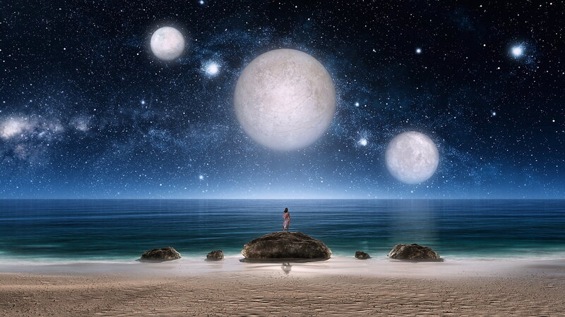 Person on Beach at Night — Blue, Serene, Digital Art