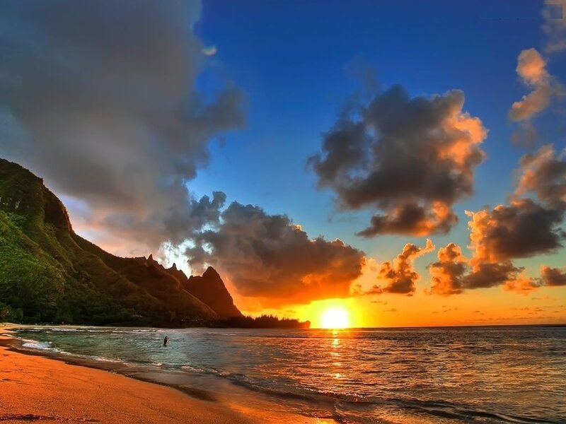 Person on Beach at Sunset — Blue, Dramatic, Photograph, Mountain