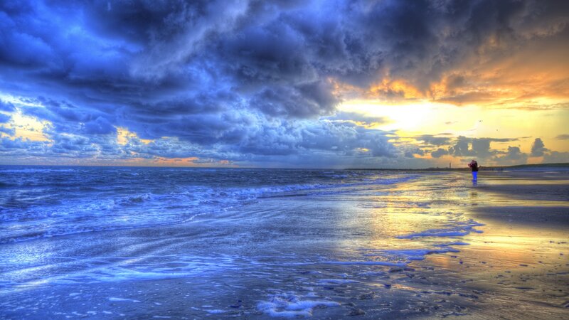 Person on Beach at Sunset — Blue, Dramatic, Photograph, Ocean, Clouds