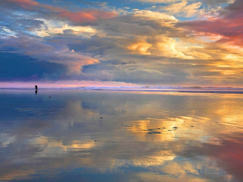 Person on Beach at Sunset — Blue, Dramatic, Photograph