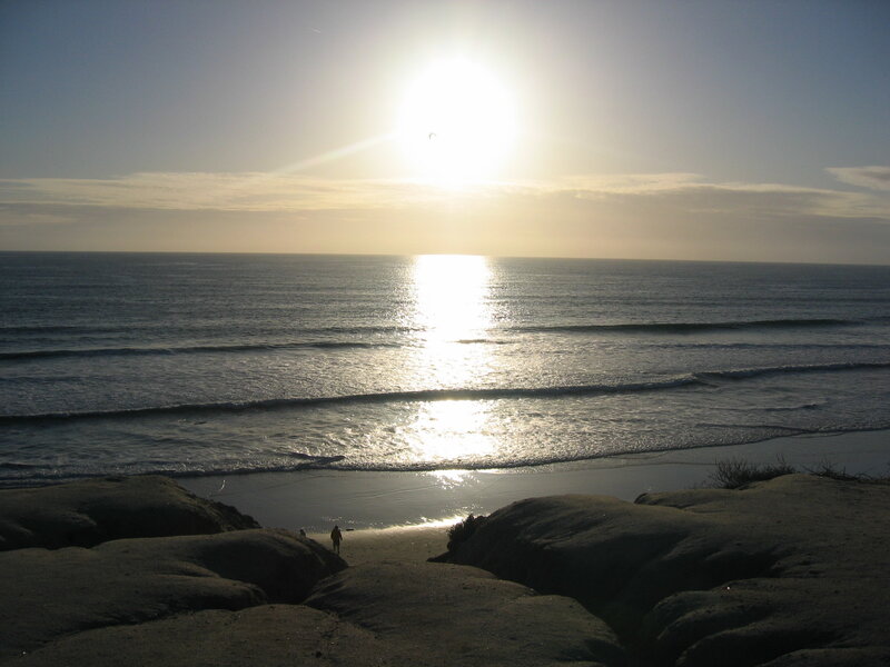 Person on Beach at Sunset — Blue, Serene, Photograph, Ocean, Sun