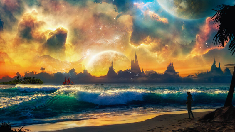 Person on Beach at Sunset — Orange, Dramatic, Digital Art, Castle