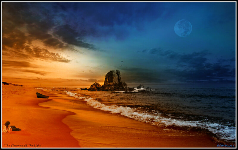 Person on Beach at Sunset — Orange, Dramatic, Digital Art, Moon