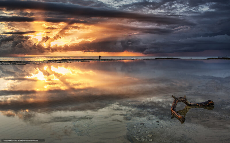 Person on Beach at Sunset — Orange, Dramatic, Photograph, Clouds