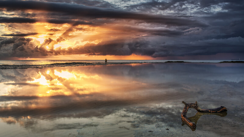 Person on Beach at Sunset — Orange, Dramatic, Photograph, Driftwood