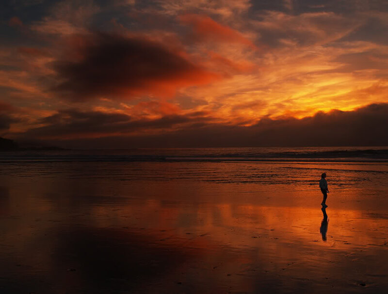 Person on Beach at Sunset — Orange, Dramatic, Photograph