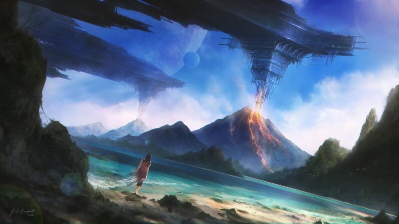 Person on Beach — Blue, Dramatic, Afternoon, Digital Art, Volcano