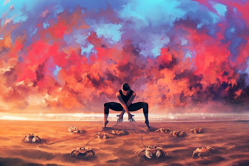 Person on Beach with Crabs