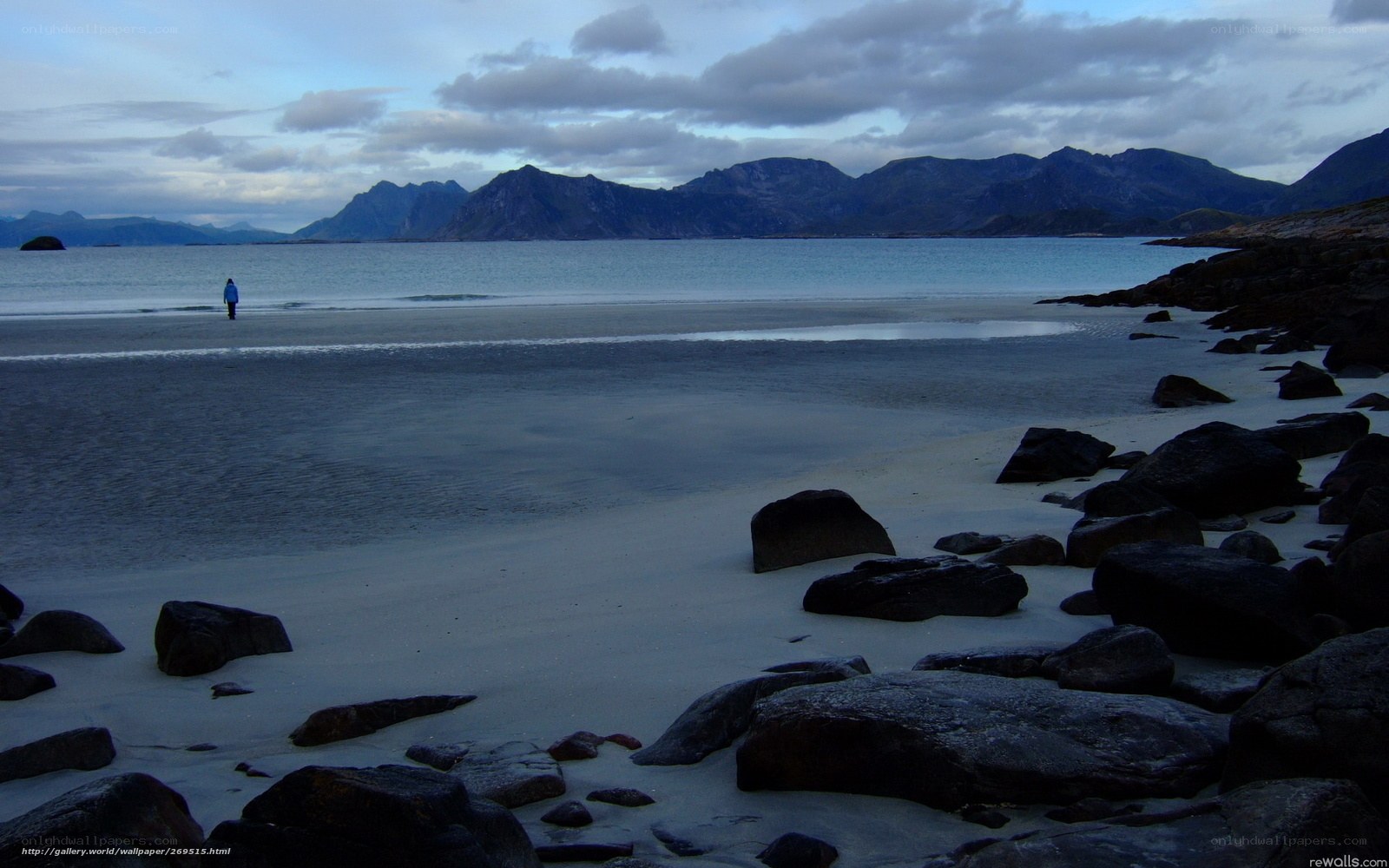 Person on beach with mountains