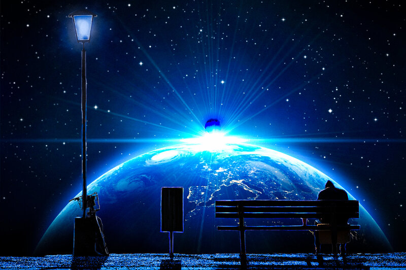 Person on Bench at Night — Blue, Dramatic