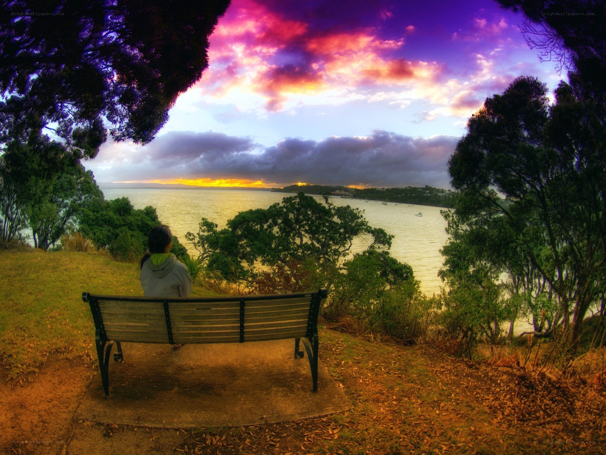 Person on bench at sunset