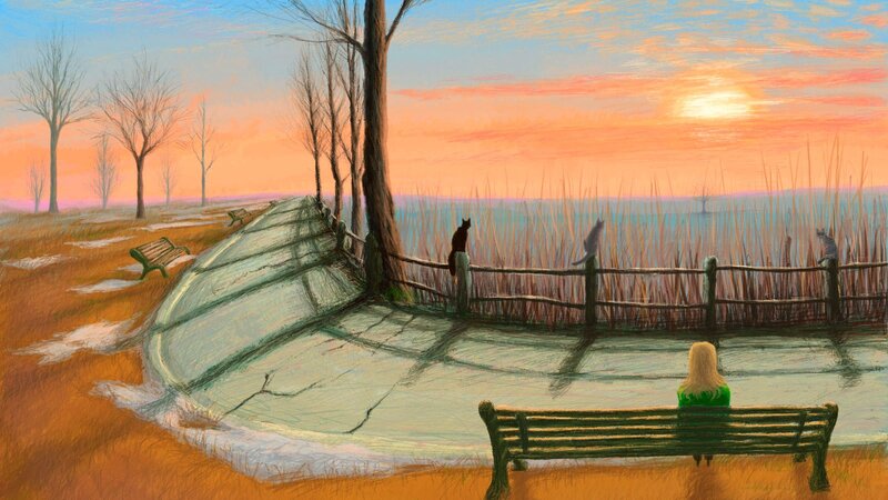 Person on Bench at Sunset — Orange, Serene