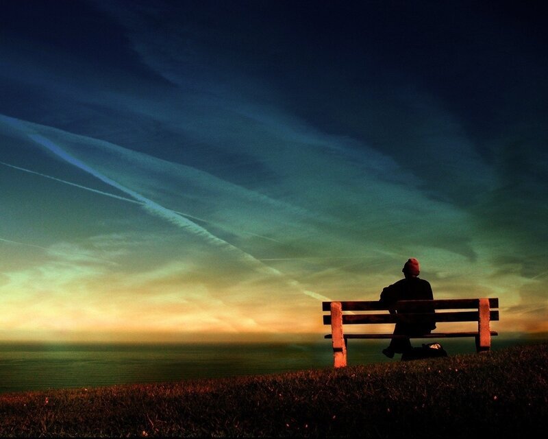 Person on Bench — Blue, Dramatic, Sunset, Photograph, Sky