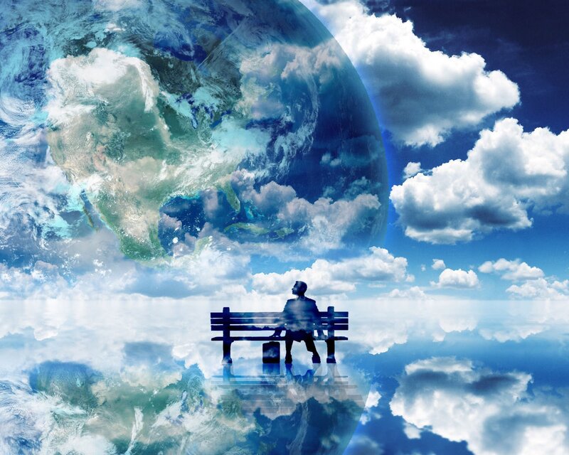 Person on Bench — Blue, Serene, Digital Art, Earth
