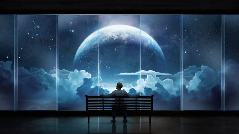 Person on Bench — Blue, Serene, Night