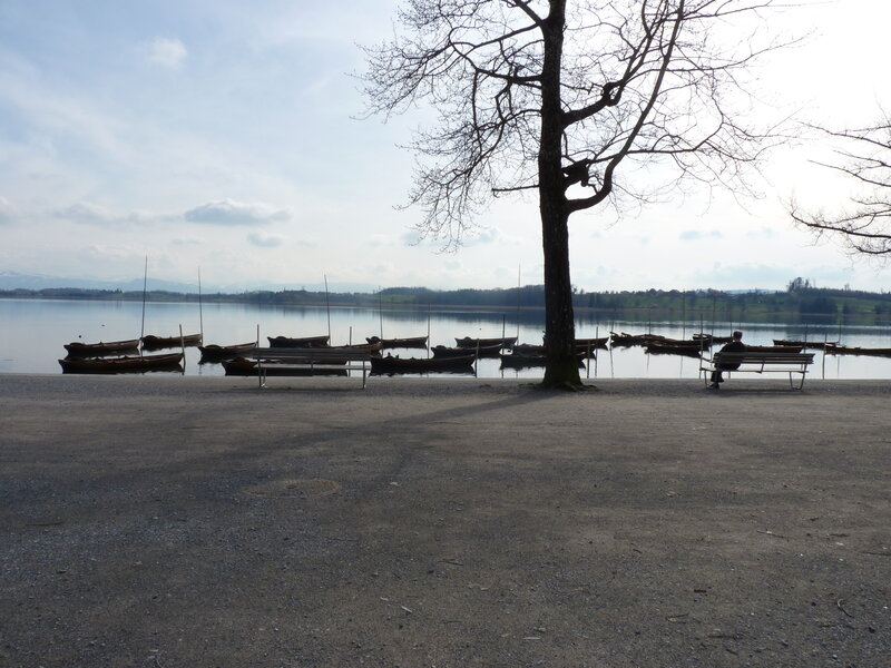 Person on bench by lake