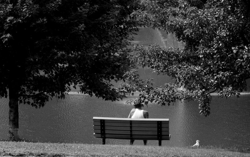 Person on Bench by Lake — Black