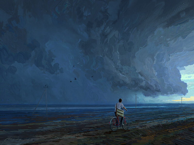 Person on Bicycle — Blue, Dramatic, Night, Painting