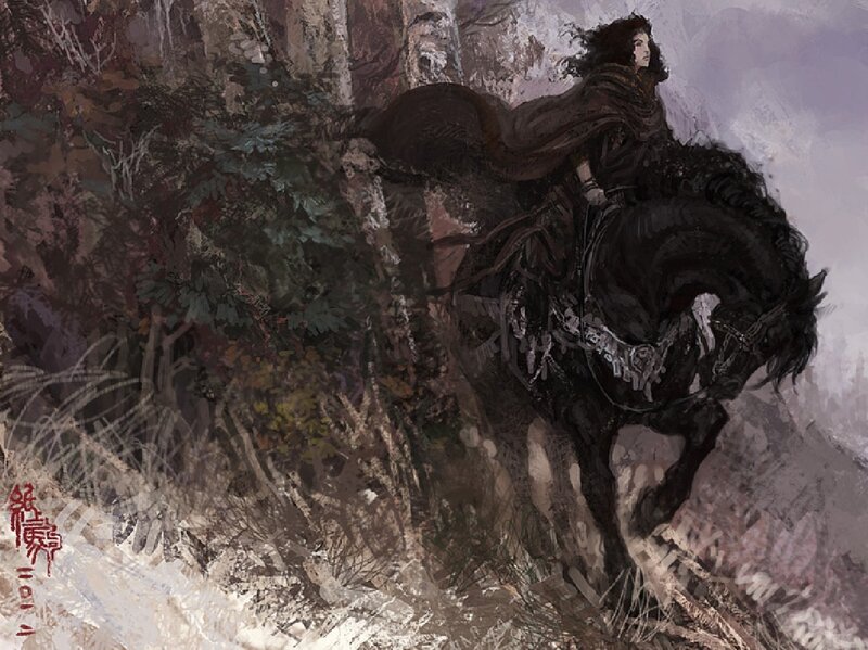 Person on Black Horse — Dramatic