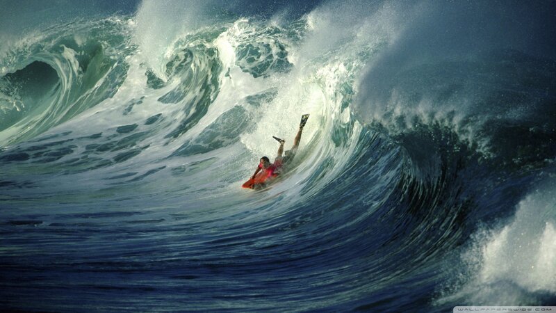 Person on Bodyboard in Wave — Blue