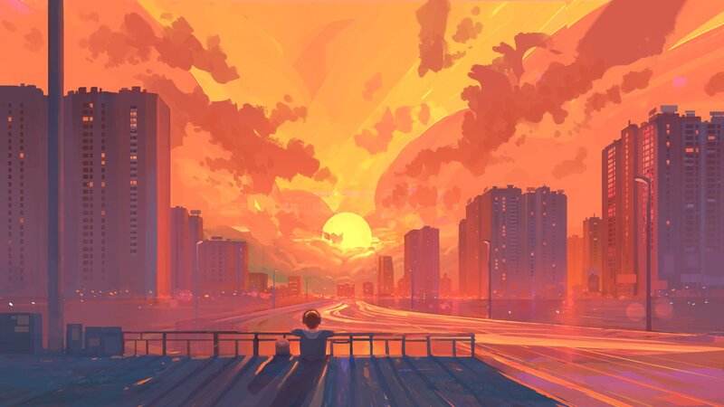 Person on Bridge at Sunset — Orange