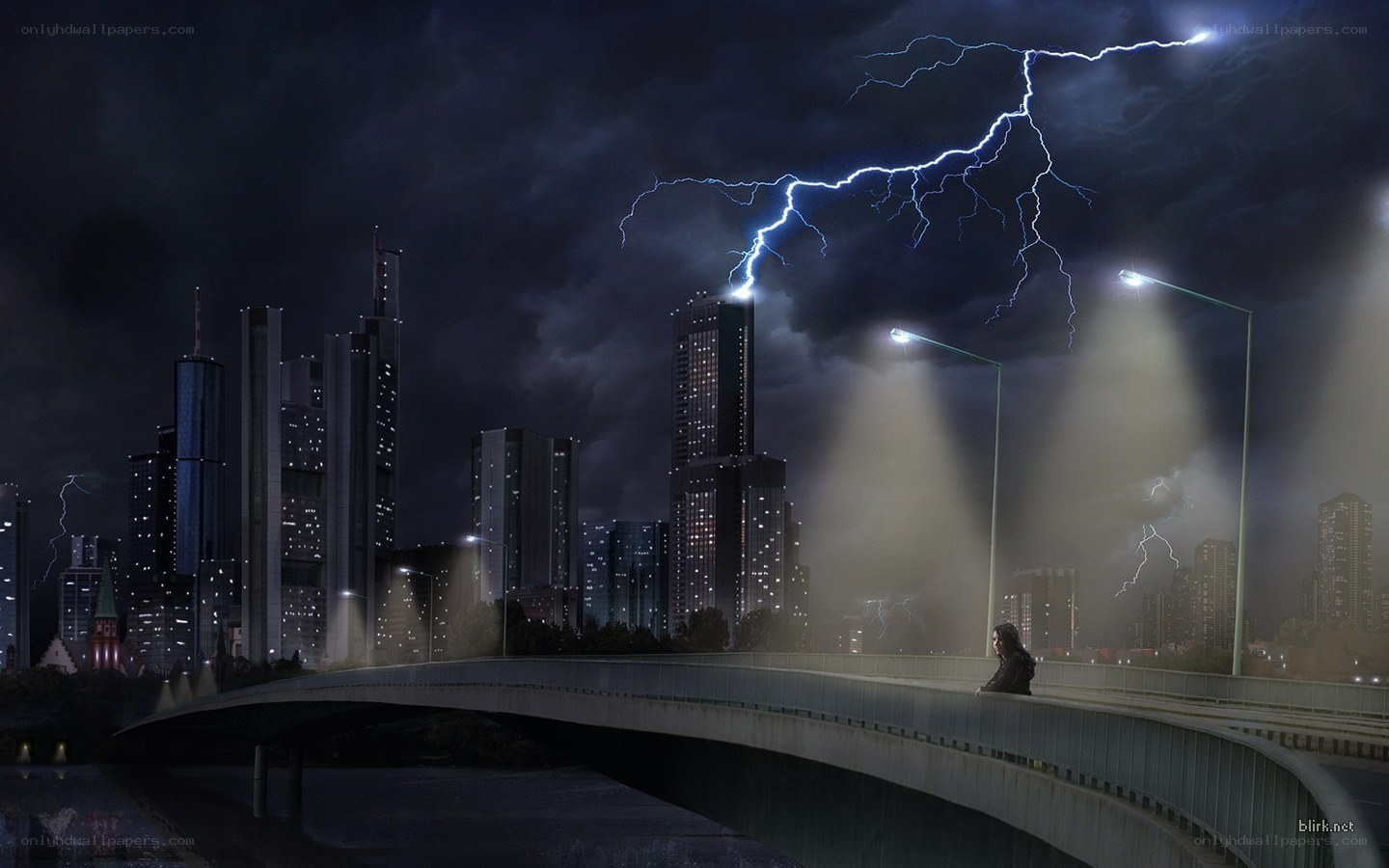 Person on bridge during storm
