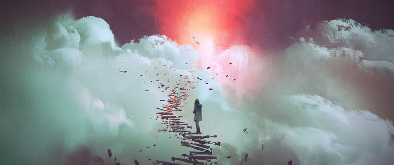 Person on Broken Bridge — Red