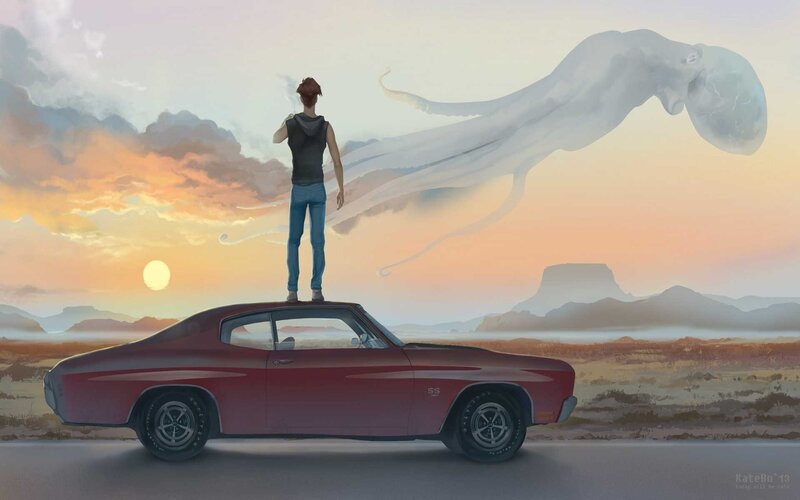 Person on Car Roof — Red