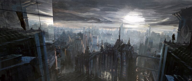 Person on City Rooftop — Gray, Dramatic