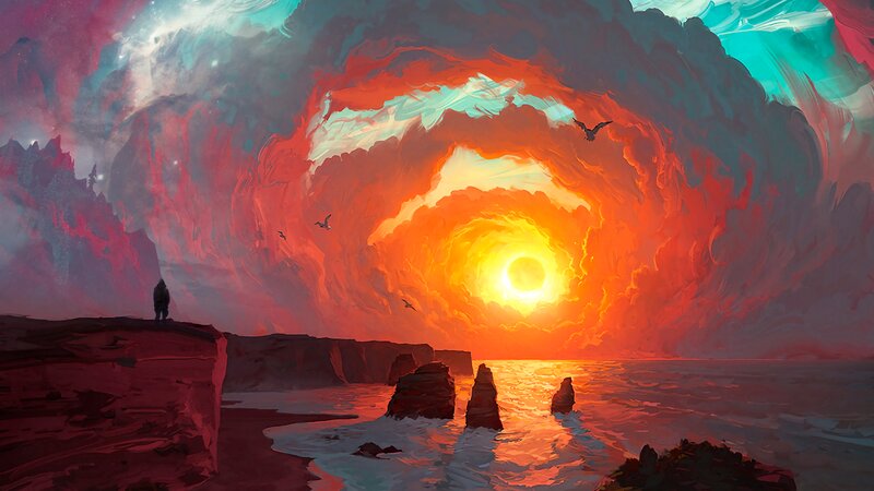 Person on Cliff at Sunset — Orange, Dramatic