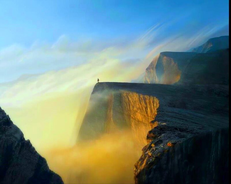 Person on Cliff Edge — Blue, Dramatic, Sunrise, Photograph