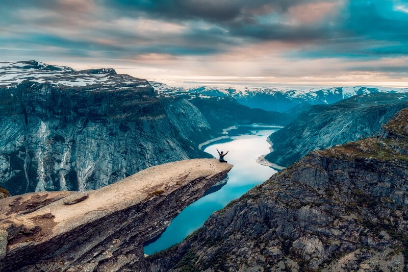 Person on Cliff Edge — Blue, Dramatic, Sunset, Photograph
