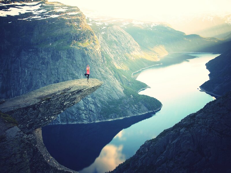 Person on Cliff Edge — Blue, Serene, Morning, Photograph, Lake