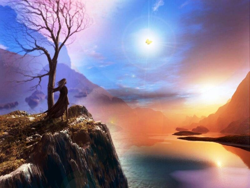 Person on Cliff Edge — Blue, Serene, Sunset, Digital Art, Tree, Butterfly