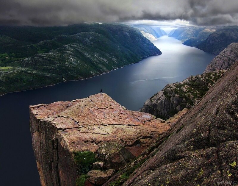 Person on Cliff Edge — Gray, Dramatic, Photograph, Fjord