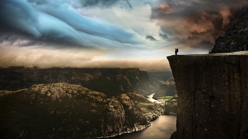 Person on Cliff Edge — Gray, Dramatic, Sunset, Photograph