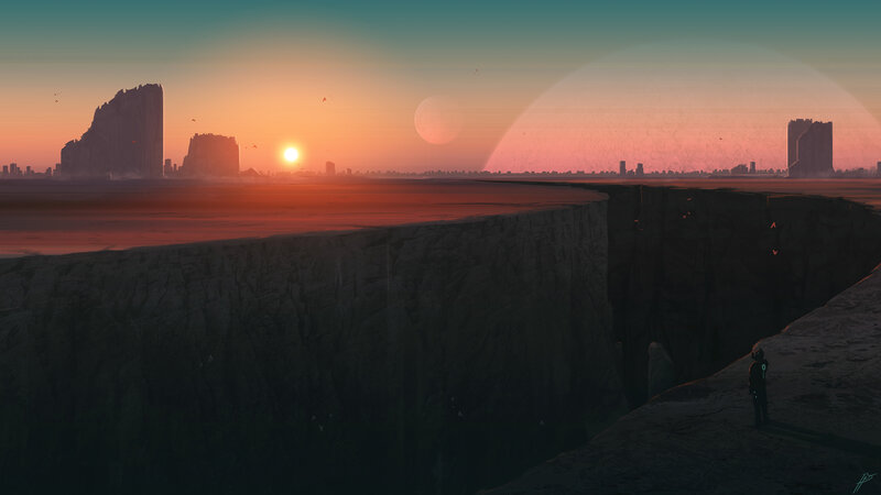Person on Cliff Edge — Orange, Dramatic, Sunset, Digital Art