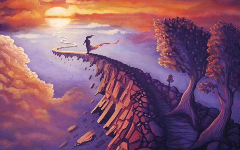 Person on Cliff Edge — Purple, Dramatic, Sunset
