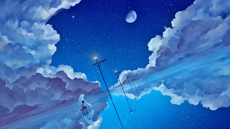 Person on Cloud with Moon