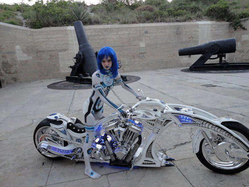 Person on Custom Motorcycle — White